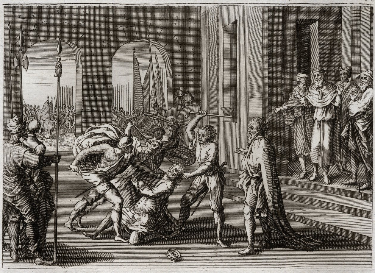 Bíblia de Royaumont, Velho Testamento: Agag salva. Saul salvou, contra a ordem de Deus, Agag Rei dos Amalecitas. Deus o faz testemunha de sua ira por Samuel, que reparou a culpa de Saul ao matar Agag. Ilustração de 1811. de Unknown artist