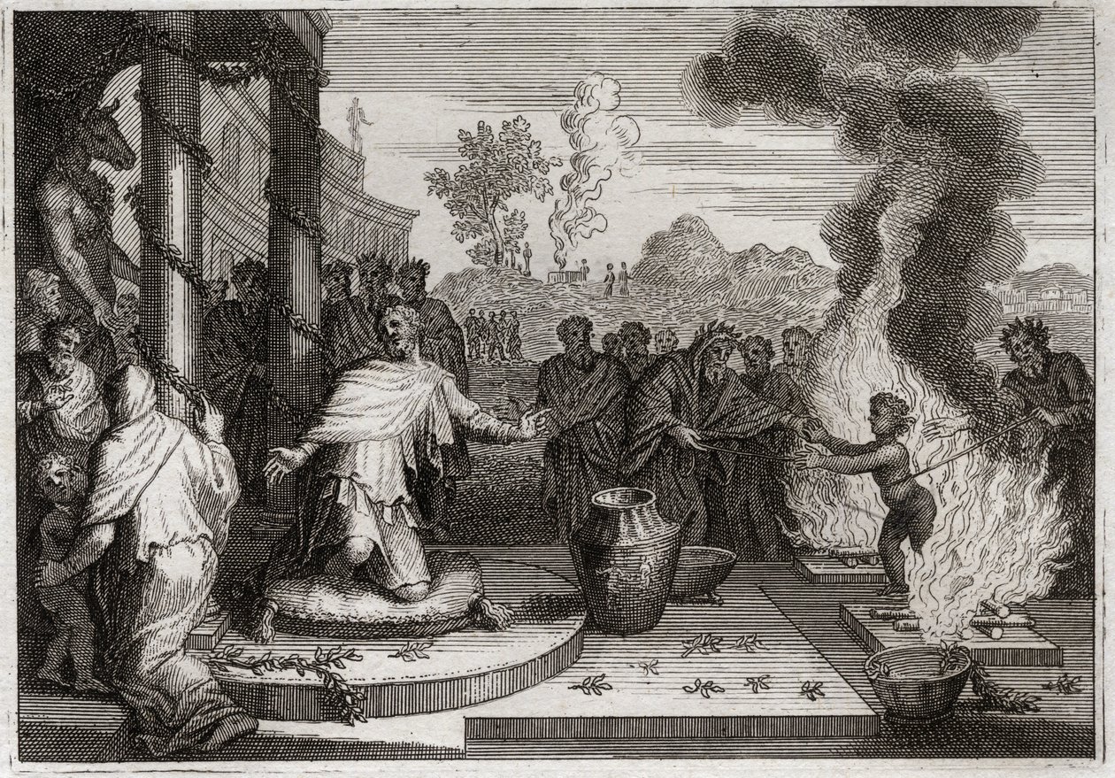 Bíblia de Royaumont, Velho Testamento: Ahaz Unholy King. O perverso Acaz, Rei de Judá, irrita a Deus, e é entregue aos inimigos. Ilustração de 1811. de Unknown artist