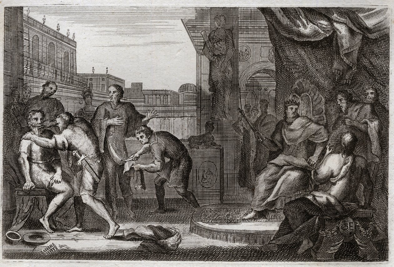 Bíblia de Royaumont, Velho Testamento: Embaixadores de David. Davi enviou Joabe contra os amonitas para se vingar do insulto que Hanon, seu príncipe, havia feito aos seus embaixadores, que ele havia tomado por espiões. Ilustração de 1811. de Unknown artist
