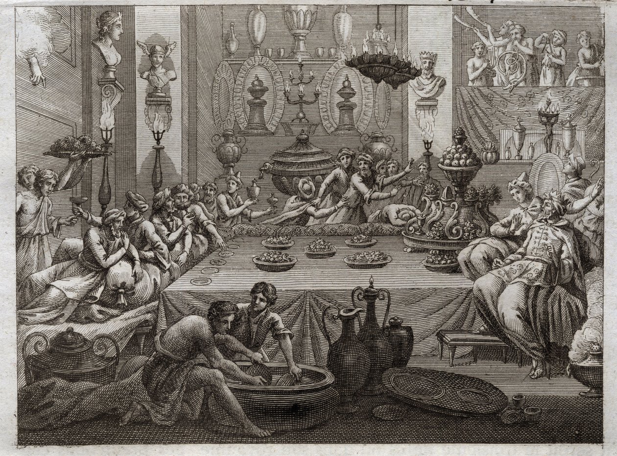 Bíblia de Royaumont, Velho Testamento: Balthazar condena. O rei Baltazar (Belshatsar) na mesa vê uma mão que em três palavras escreve o final de sua sentença. Ilustração de 1811. de Unknown artist