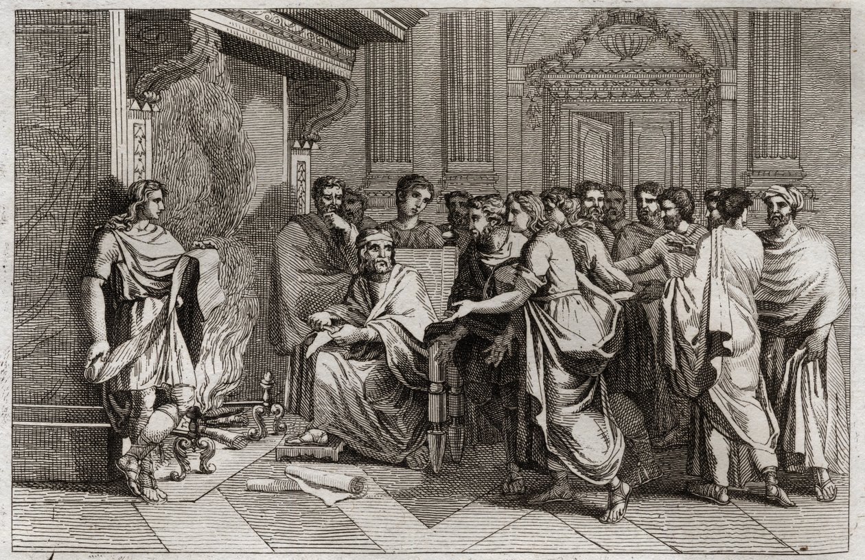 Bíblia de Royaumont, Velho Testamento: O profeta Baruch. O rei Joaquim (Joacim, Joaquim, Jeconomias) corta o pergaminho contendo as profecias de Jeremias transcritas por seu discípulo Baruque (Baruque ben Néria) e o joga no fogo. Ilustração de 1811. de Unknown artist