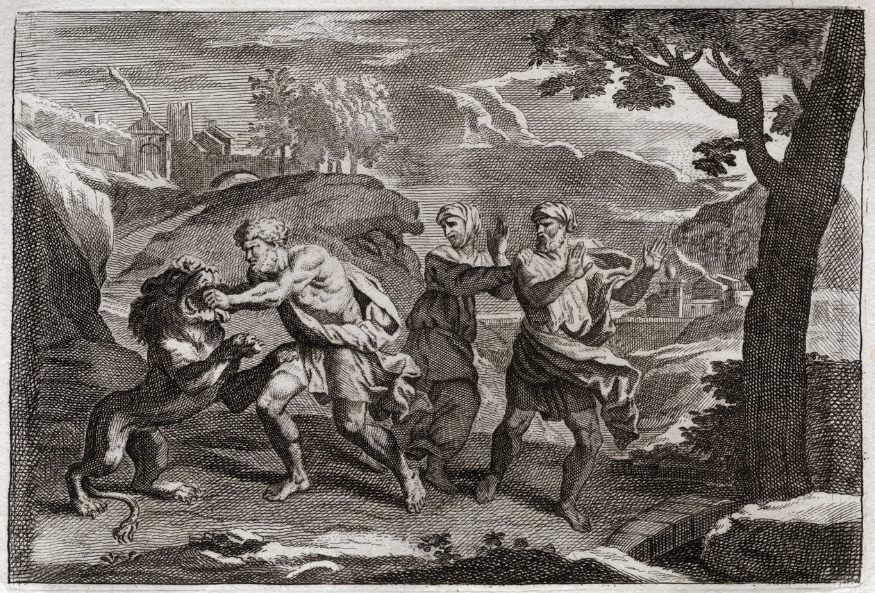 Bíblia de Royaumont, Velho Testamento: Nascimento de Sansão. Sansão faz um leão em pedaços. Ilustração de 1811. de Unknown artist