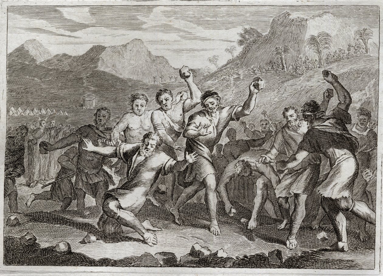 Bíblia de Royaumont, Velho Testamento: Lapídio Blasfemador. Deus faz da pedra um blasfemador do seu santo nome, e outro que violou o santo Shabat (Shabat, Sábado, Sábado, Sábado, Sábado), juntando algumas palhinhas no campo. Ilustração de 1811. de Unknown artist