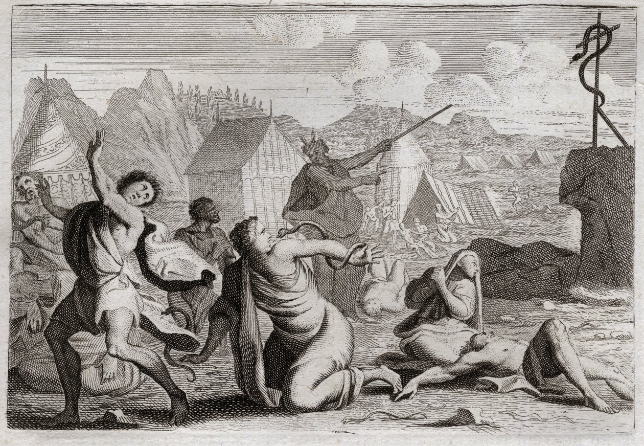 Bíblia de Royaumont, Velho Testamento: Brasen Snake. O povo murmura contra Deus e contra Moisés, é punido com serpentes de fogo, das quais foi ferido por uma serpente de descaramento, que Moisés havia criado para ser vista por todo o povo. Ilustração de Unknown artist