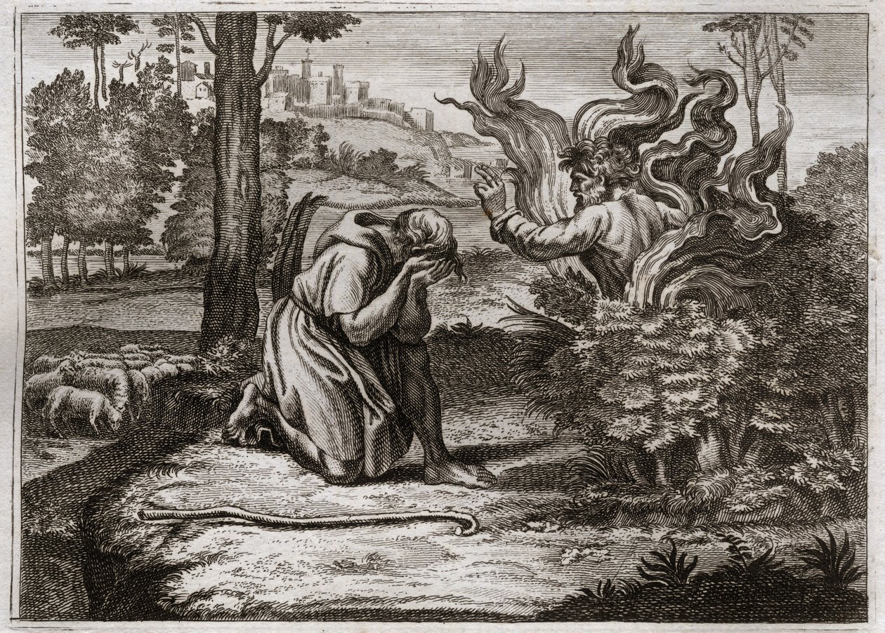 Bíblia de Royaumont, Velho Testamento: Arbusto Ardente. Deus fala a Moisés do meio de um arbusto em chamas. Ilustração de 1811. de Unknown artist