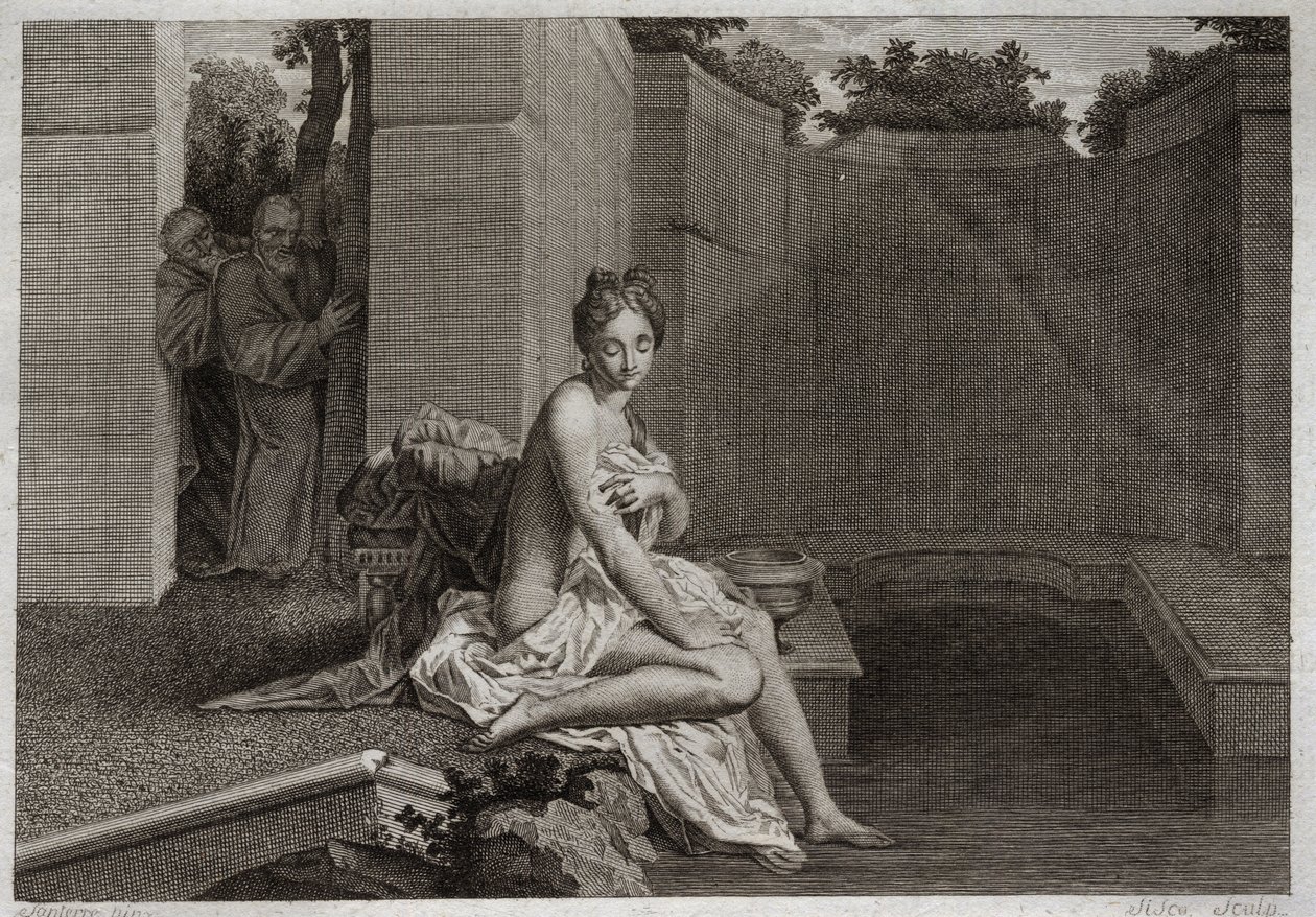 Bíblia de Royaumont, Velho Testamento: Chastete de Suzanne. Dois anciãos, juízes do povo, mancham para corromper a casta Suzanne, enquanto ela estava sozinha em seu jardim e tomando banho. Ilustração de 1811. de Unknown artist