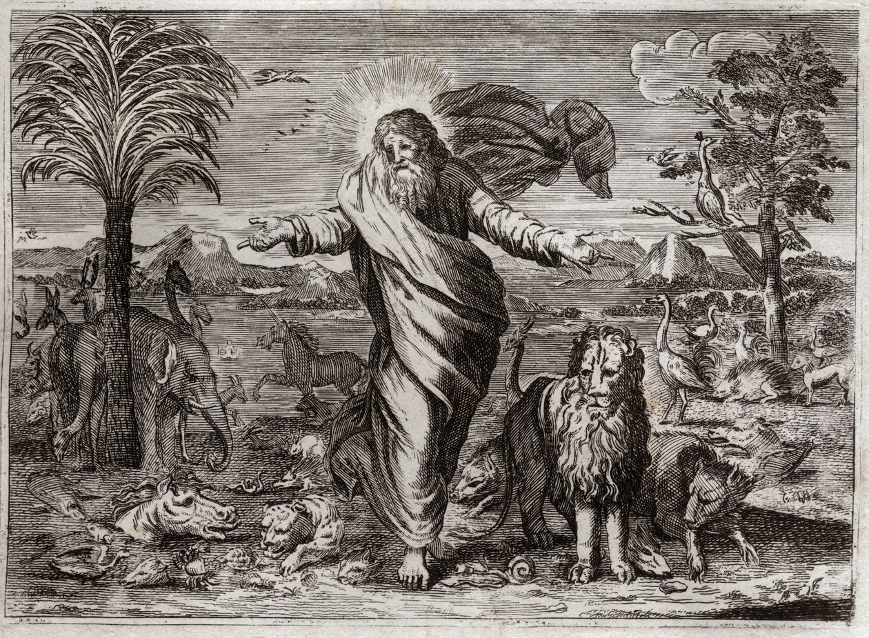 Bíblia de Royaumont, Velho Testamento: A Criação do Mundo. Deus arrasta o Céu e a Terra do nada, e em seis dias adorna-a e ao povo de Criaturas de todo tipo. Ilustração de 1811. de Unknown artist