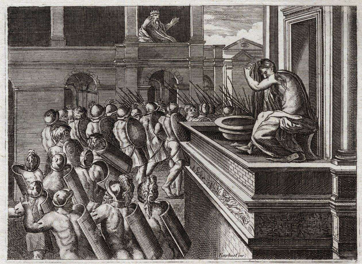 Bíblia de Royaumont, Velho Testamento: Crime de David ou Bethsabee no banho. David viu Betsabeu de longe, a esposa de Urias, o hitita (ou Urias, o hitita), banhar-se, e conseguiu satisfazer um desejo ruim por ela, e depois matou seu marido Urias. Ilustraçã de Unknown artist
