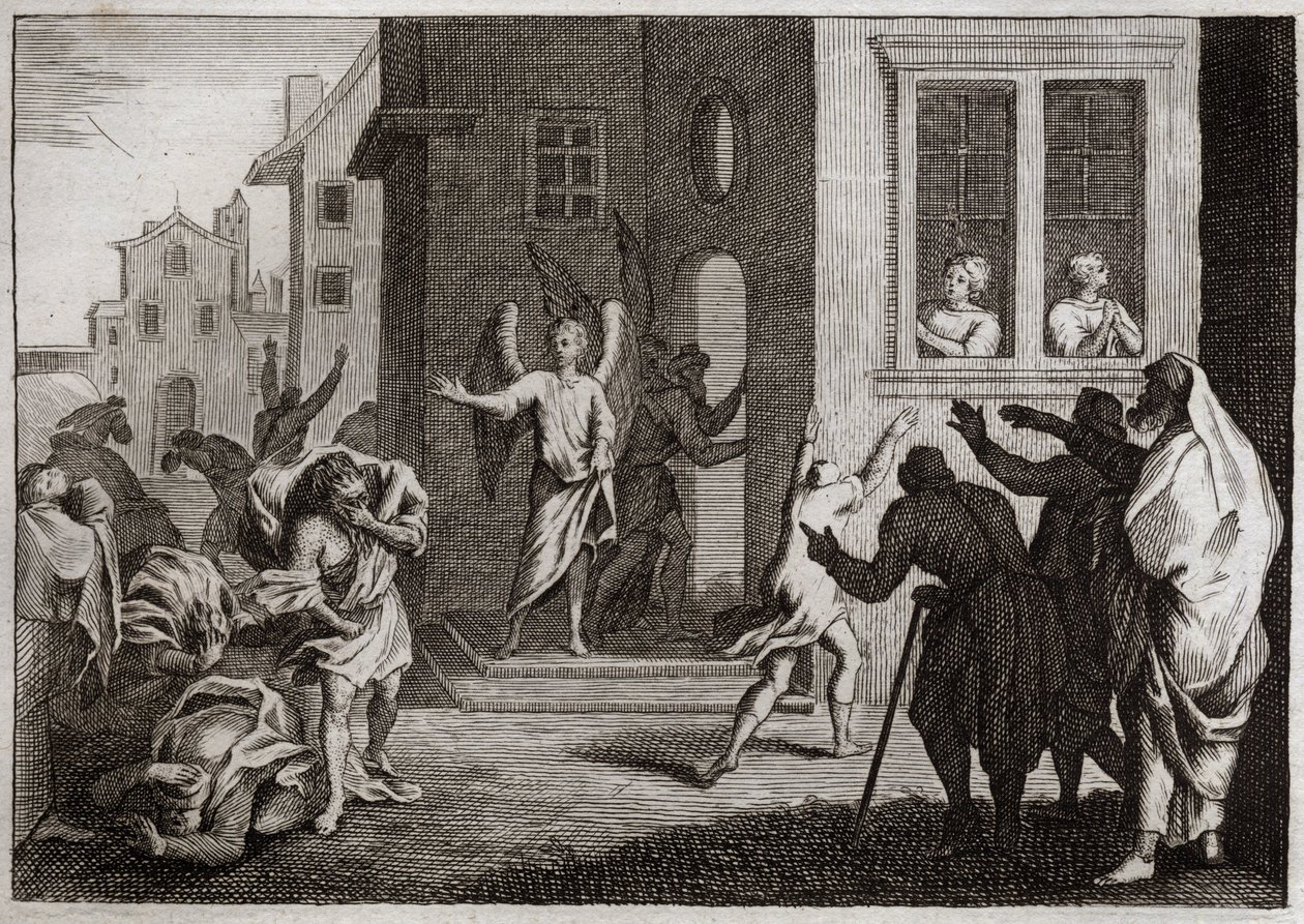 Bíblia de Royaumont, Velho Testamento: Crimes dos Sodomitas. Loth recebe anjos em sua casa. Os sodomitas (Sodoma) querem violentá-los. Os anjos os atingem cegamente. Ilustração de 1811. de Unknown artist