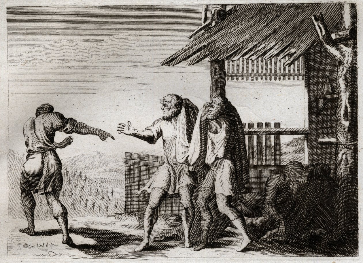 Bíblia de Royaumont, Velho Testamento: Maldito Cham de seu Pai (Noe drunkenness). Cham, o segundo dos filhos de Noé, vê seu pai em uma postura indecente, não se importa, e é amaldiçoado por ele. Ilustração de 1811. de Unknown artist