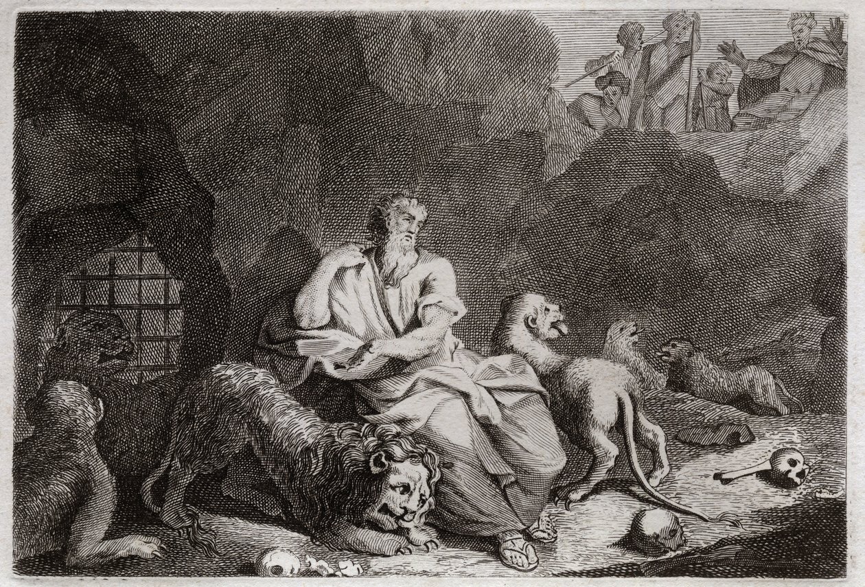 Bíblia de Royaumont, Velho Testamento: Daniel no poço dos Leões. Daniel é colocado no poço dos Leões, e milagrosamente está bêbado. Ilustração de 1811. de Unknown artist
