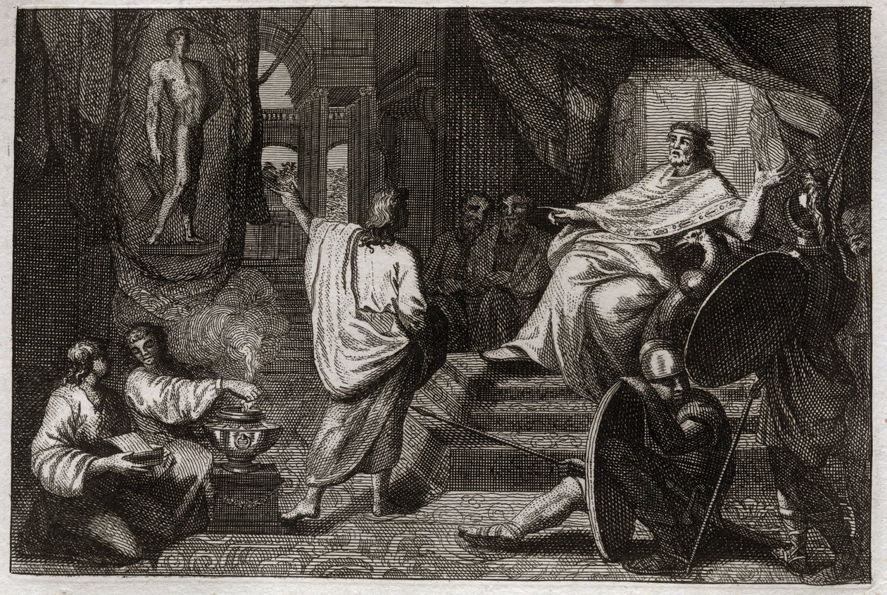Bíblia de Royaumont, Velho Testamento: Daniel profeta. O profeta Daniel revela ao rei Nabucodonosor II um sonho que ele teve, e explica a ele o que ele quis dizer. Ilustração de 1811. de Unknown artist