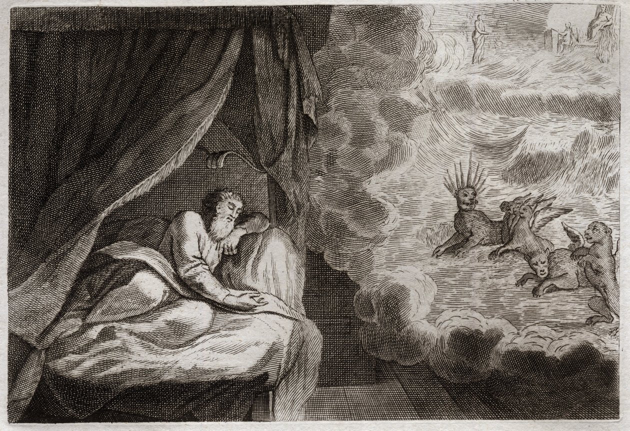 Bíblia de Royaumont, Velho Testamento: A visão de Daniel sobre as quatro Monarquias de Assírios, Persas, Gregos e Romanos. Eles vêem quatro monstros: Haniel, Kafziel, Azriel, Aniel. Ilustração de 1811. de Unknown artist