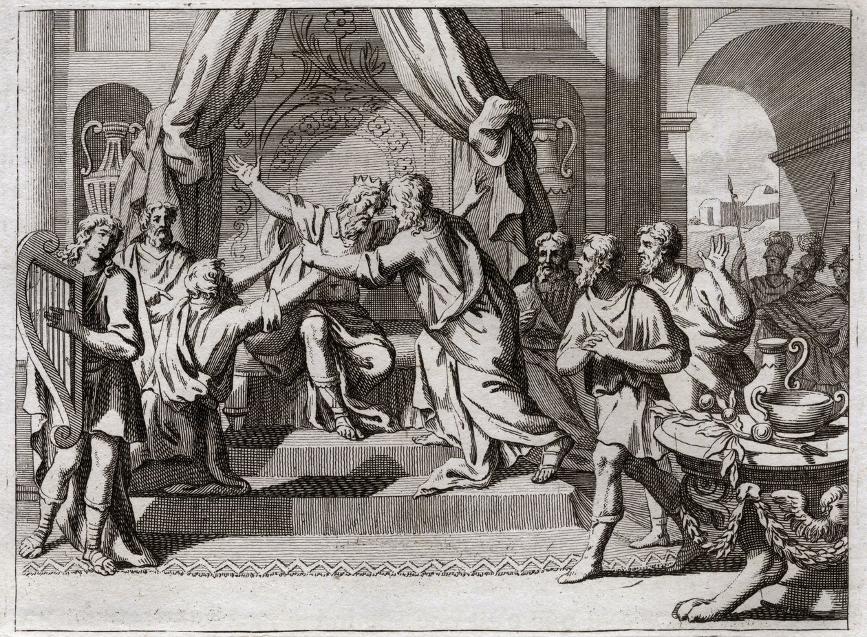 Bíblia de Royaumont, Velho Testamento: David toca harpa. Saul sendo rejeitado por Deus, é tomado pelo espírito maligno. Estamos à procura de um homem que saiba tocar harpa, para aliviá-lo no seu mal. Ilustração de 1811. de Unknown artist