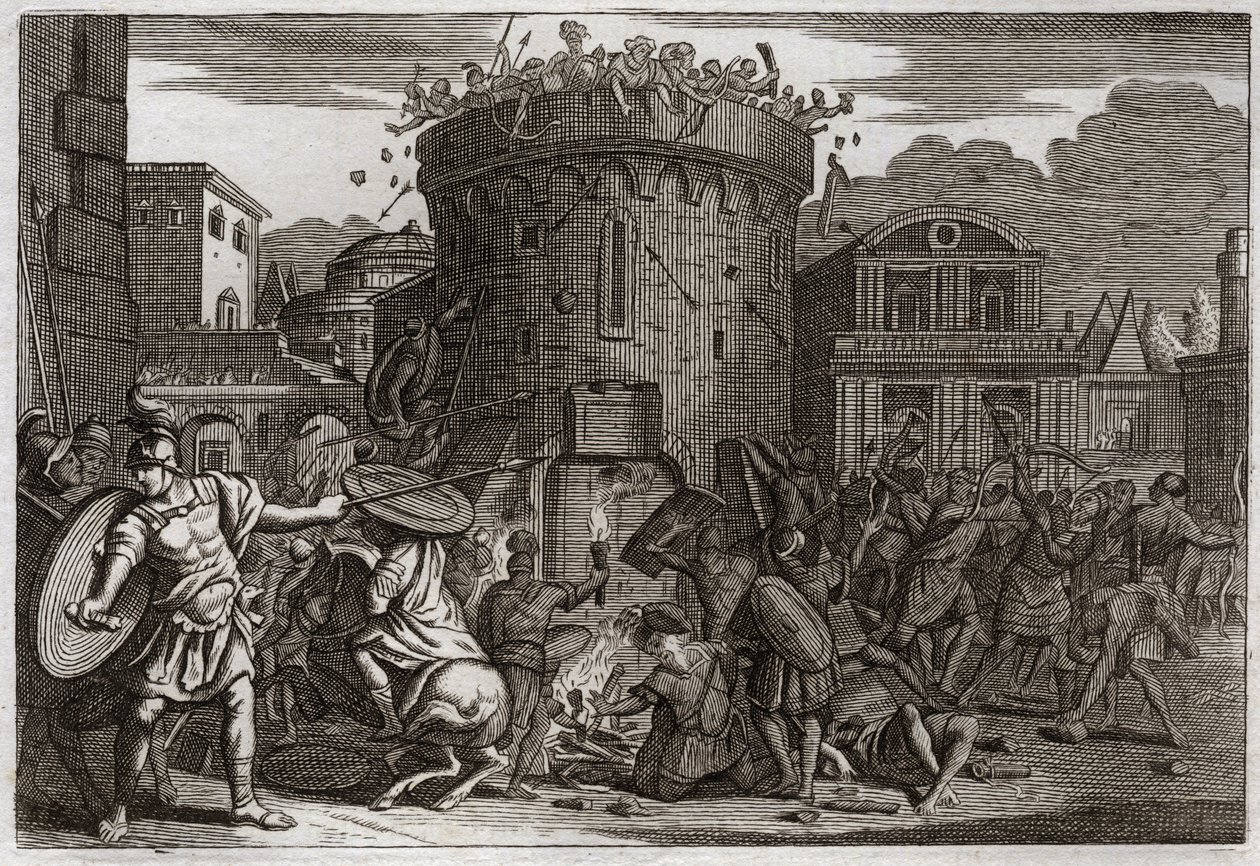 Bíblia de Royaumont, Velho Testamento: Morte de Abimeleque. Abimeleque (Abimelec ou Aimeleque ou Aimeleque) é morto por uma mulher que o bate com uma pedra no cerco de Tebetz. Ilustração de 1811. de Unknown artist