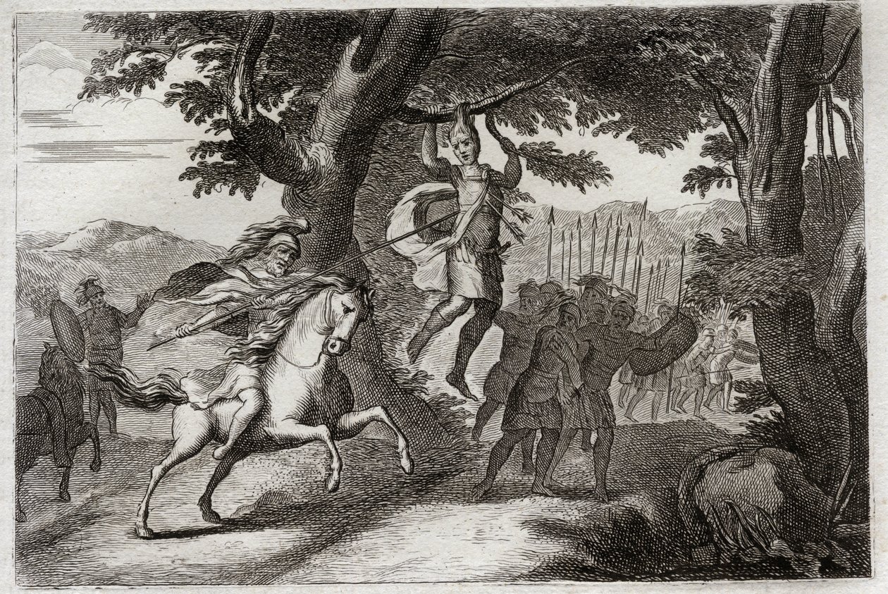 Bíblia de Royaumont, Velho Testamento: Morte de Absalom. Absalom (ou Avshalom, Absalom) fugindo da batalha é apanhado pelos cabelos tem um carvalho, ou Joab perfura-lhe o coração de três dardos. Ilustração de 1811. de Unknown artist