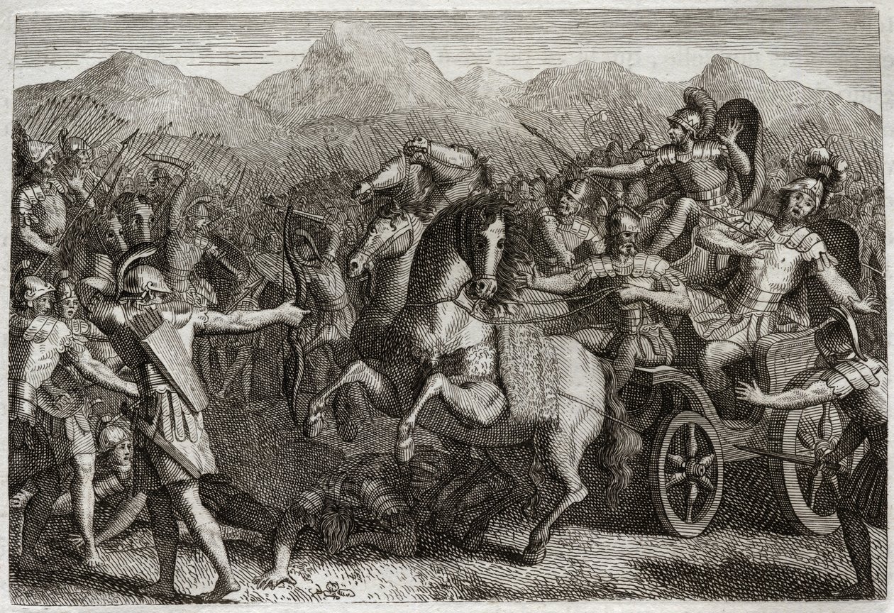Bíblia de Royaumont, Velho Testamento: Morte de Ahab. Ahab (Akhab) fez guerra contra a Síria, e foi morto com uma flecha aleatória. Ilustração de 1811. de Unknown artist