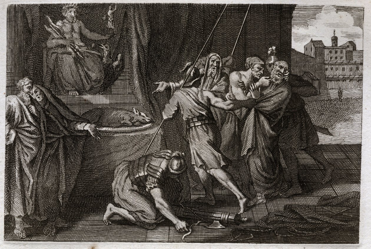 Bíblia de Royaumont, Velho Testamento: Morte de Eleazar. O velho santo Eleazar foi morto por ordem de Antiochos IV Epifânio (175-164 a.C.), porque ele não queria fingir comer carnes defendidas. Ilustração de 1811. de Unknown artist