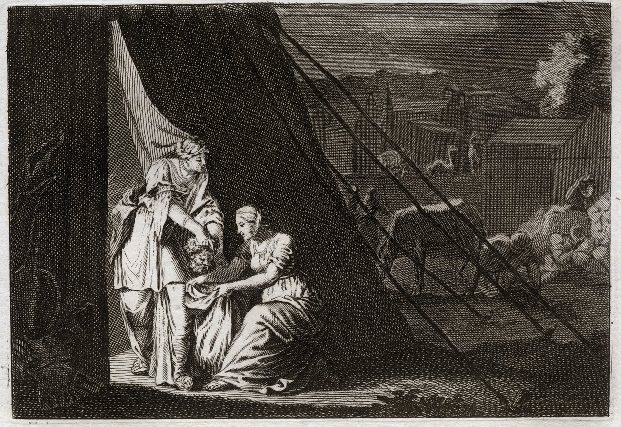 Bíblia de Royaumont, Velho Testamento: Morte de Holoferne. Judith corta a cabeça de Holoferne, ajudada pela empregada Abra, e a bêbada Bethulie. Ilustração de 1811. de Unknown artist