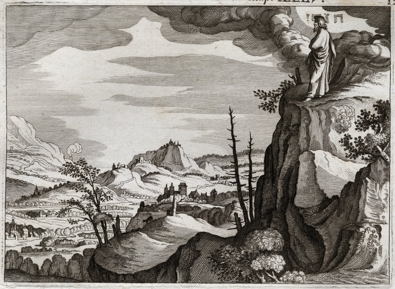 Bíblia de Royaumont, Velho Testamento: Morte de Moisés. Deus mostra a Moisés a terra da terra de Canaã do alto do Monte Nebo, onde ele morre, sem qualquer conhecimento de onde seu corpo estava. Ilustração de 1811. de Unknown artist