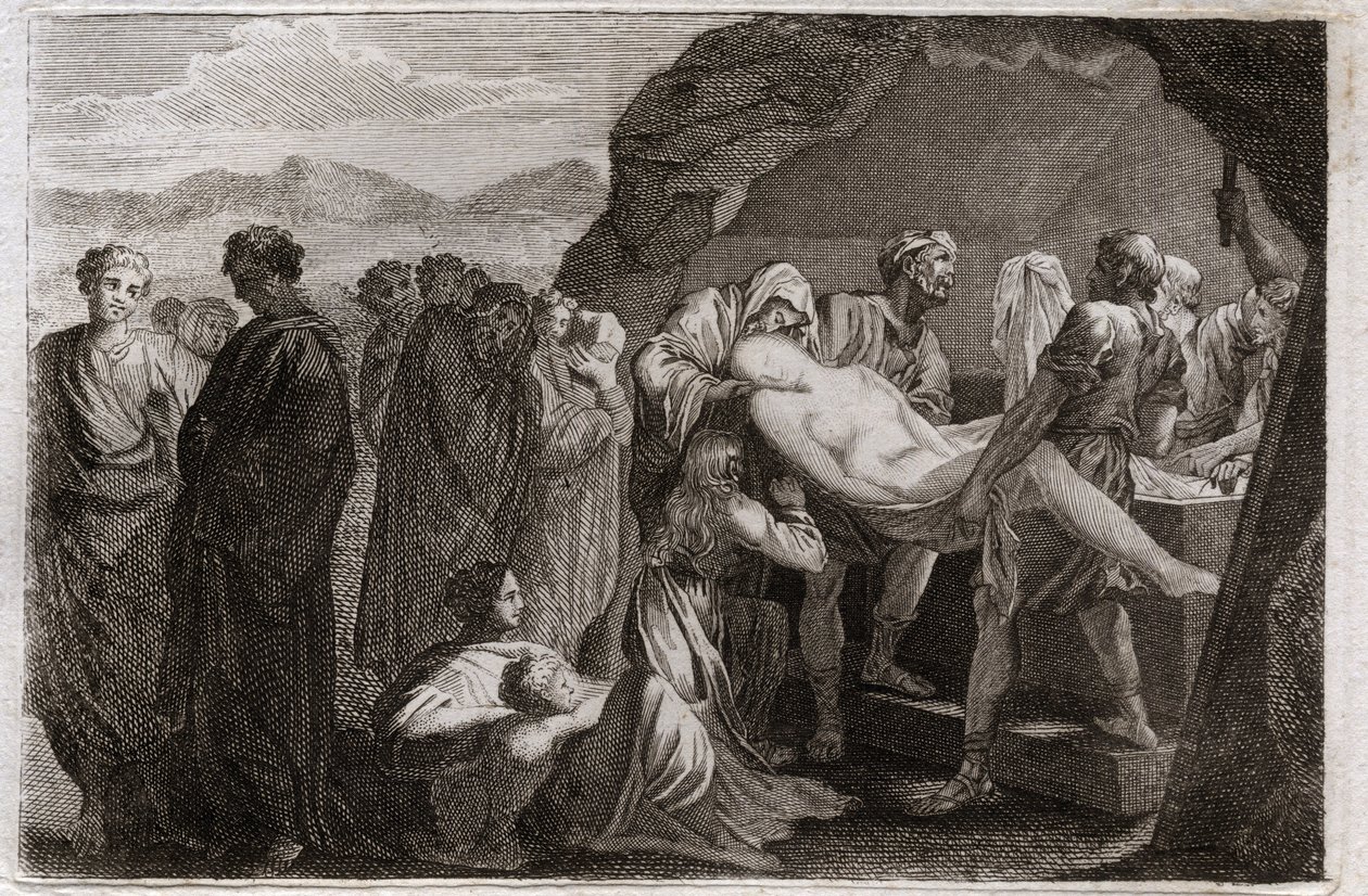 Bíblia de Royaumont, Velho Testamento: Morte de Sara. Sara (Sarah) morre. Abraão para enterrá-lo comprou um sepulcro da cidade de Geth. Ilustração de 1811. de Unknown artist