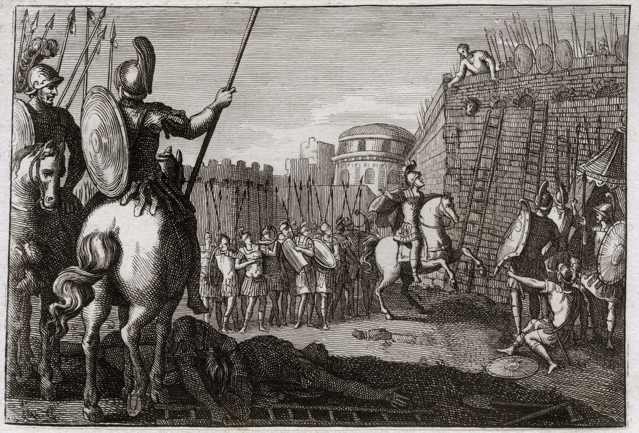 Bíblia de Royaumont, Velho Testamento: Morte de Seba. E Seba (Sabá) se levantou contra Davi, e levou as dez tribos atrás dele, e Joabe foi perseguido em Abela, ou sua cabeça foi cortada pelo conselho de uma mulher. Ilustração de 1811. de Unknown artist