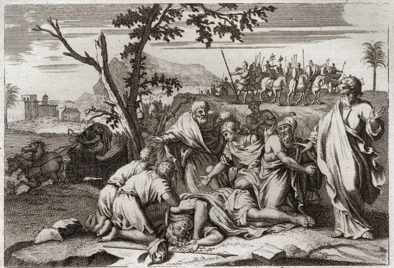 Bíblia de Royaumont, Velho Testamento: Morte do perverso Antioquia. A terrível morte do rei Antíoco IV Epifânio (175-164 a.C.) após a queda de um cavalo. Ilustração de 1811. de Unknown artist