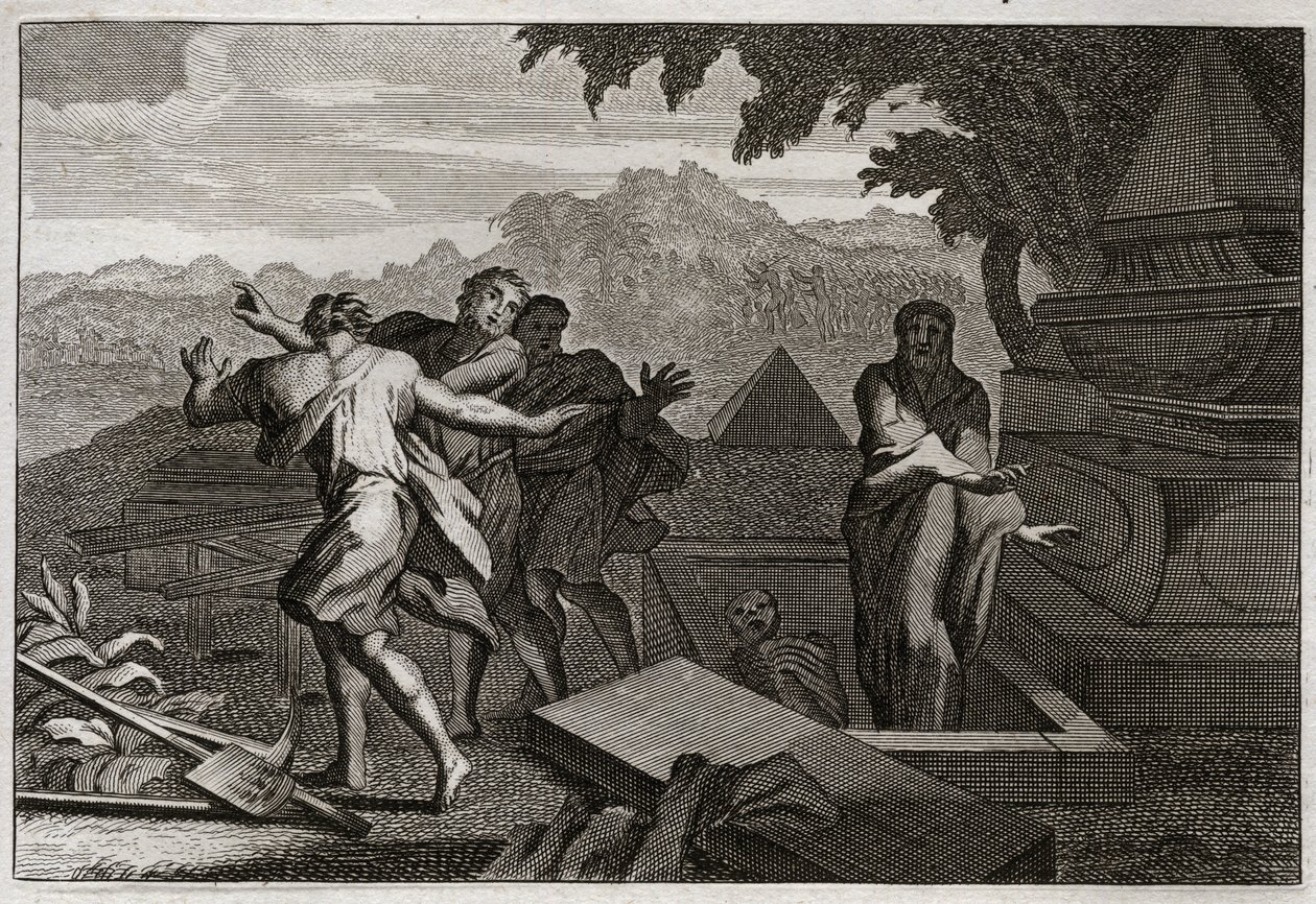 Bíblia de Royaumont, Velho Testamento: A morte sobe. Um homem morto foi deixado cair por acaso no túmulo de Eliseu, e ressuscitou ao tocar seus ossos. Ilustração de 1811. de Unknown artist