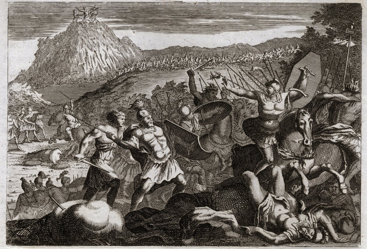 Bíblia de Royaumont, Velho Testamento: Derrota de Amalec (Amalek). Moisés obteve a vitória sobre os amalequitas, segurando as mãos altas no céu. Ilustração de 1811. de Unknown artist