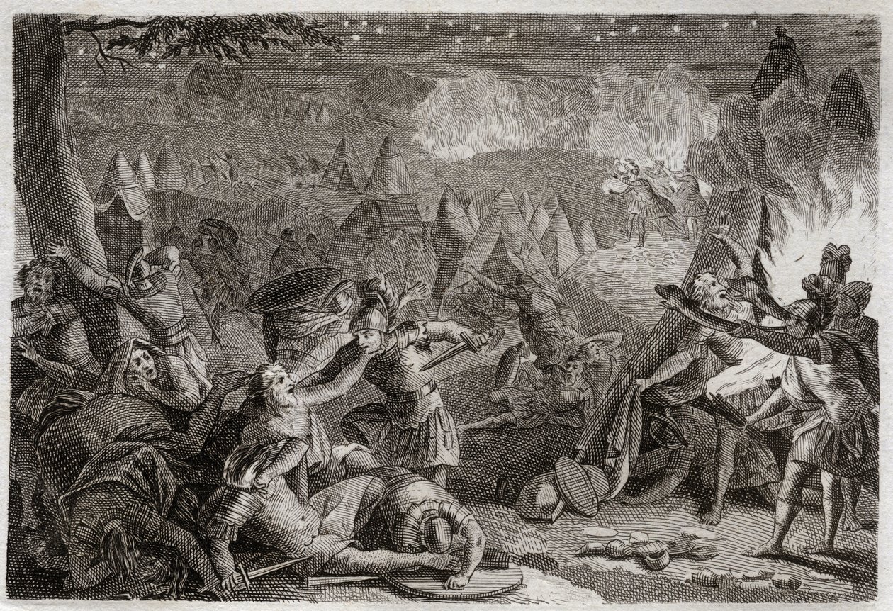 Bíblia de Royaumont, Velho Testamento: Derrota dos Midianitas pelo som das trombetas e pelas luzes das lâmpadas. Ilustração de 1811. de Unknown artist