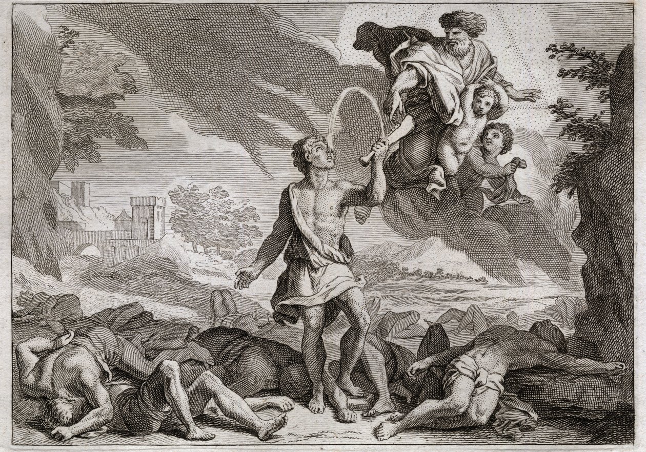 Bíblia de Royaumont, Velho Testamento: A derrota dos filisteus. Sansão mata mil filisteus com a mandíbula de um burro. Deus faz a água fluir da mandíbula para que Sansão possa saciar a sua sede. Ilustração de 1811. de Unknown artist