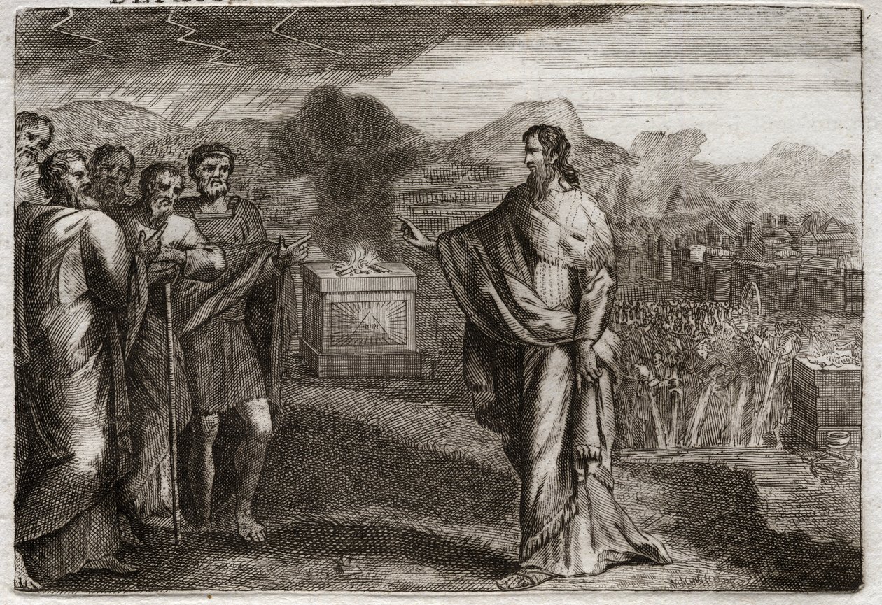 Bíblia de Royaumont, Velho Testamento: A derrota dos filisteus. Samuel oferece um holocausto a Deus. Então os judeus defendem os filisteus. Ilustração de 1811. de Unknown artist
