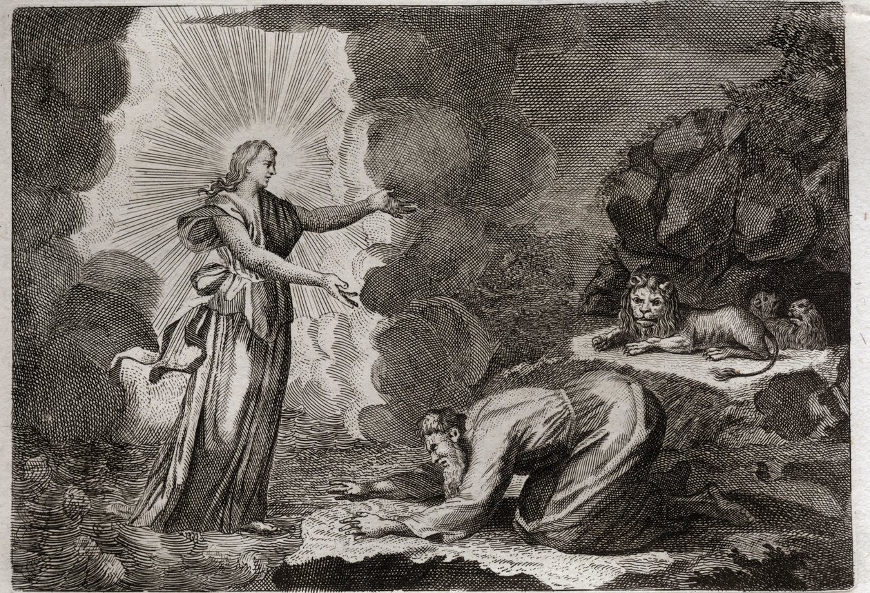 Bíblia de Royaumont, Velho Testamento: Delivrance de Daniel. Daniel, na cova dos leões, está milagrosamente bêbado. Ilustração de 1811. de Unknown artist