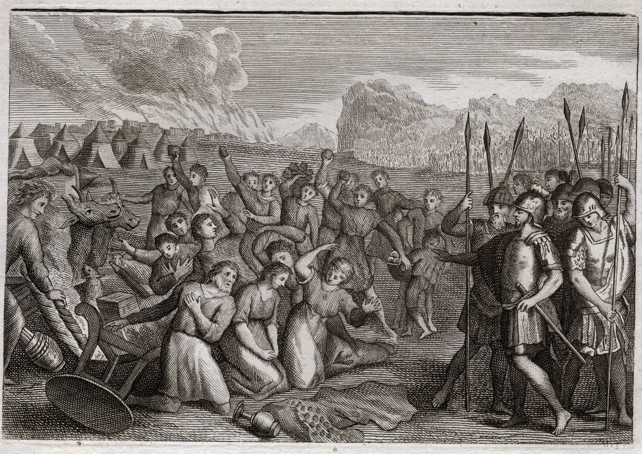 Bíblia de Royaumont, Velho Testamento: Destruição do Hai. Josué, depois da ruína de Jericó, ataca a cidade de Hai (Ai), onde é repelido primeiro por causa do crime de Akan (Achan, Achar, Hacan, Hacar), mas depois do castigo de Achan; ele toma a ci de Unknown artist