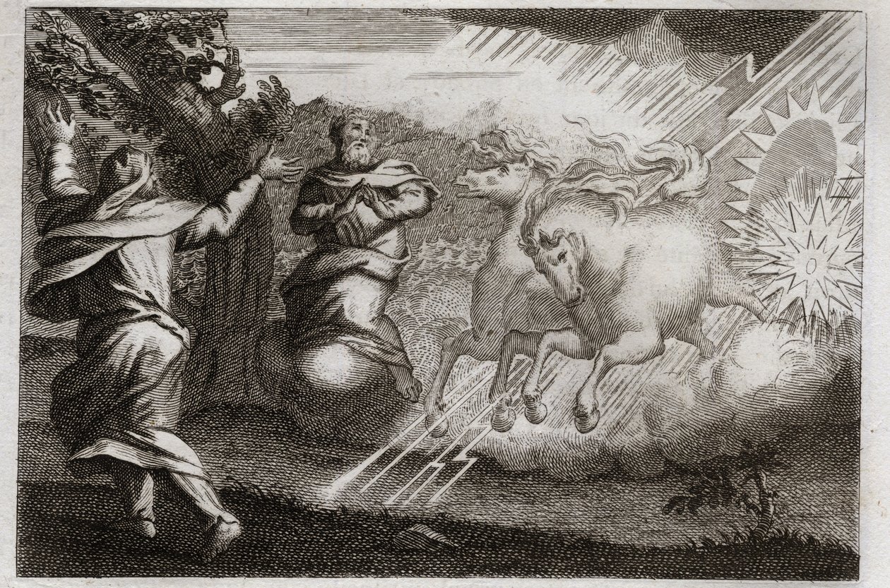 Bíblia de Royaumont, Velho Testamento: Elias está encantado no céu. Elias é levado ao céu em uma carruagem de fogo na presença de seu discípulo. Eliseu recebe dele sua mente dupla: ele divide as águas do Jordão com o manto de Elias. Ilustração de Unknown artist