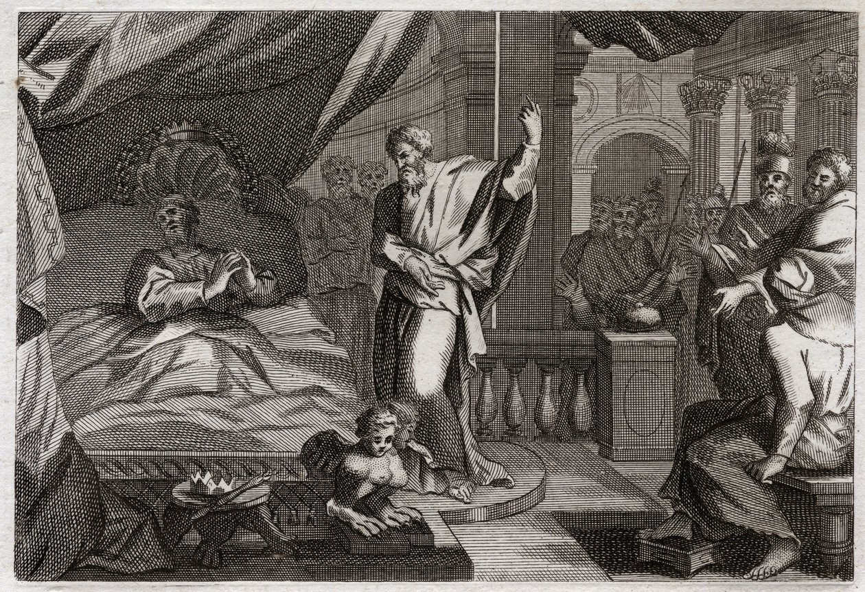 Bíblia de Royaumont, Velho Testamento: Ezechias recebe saúde. O rei Ezechias adoeceu com a morte, recebeu saúde e outros quinze anos de vida. O profeta Isaías (Isaías) anuncia sua guerra: o sinal será empurrar a sombra do relógio para trás por dez degraus. de Unknown artist