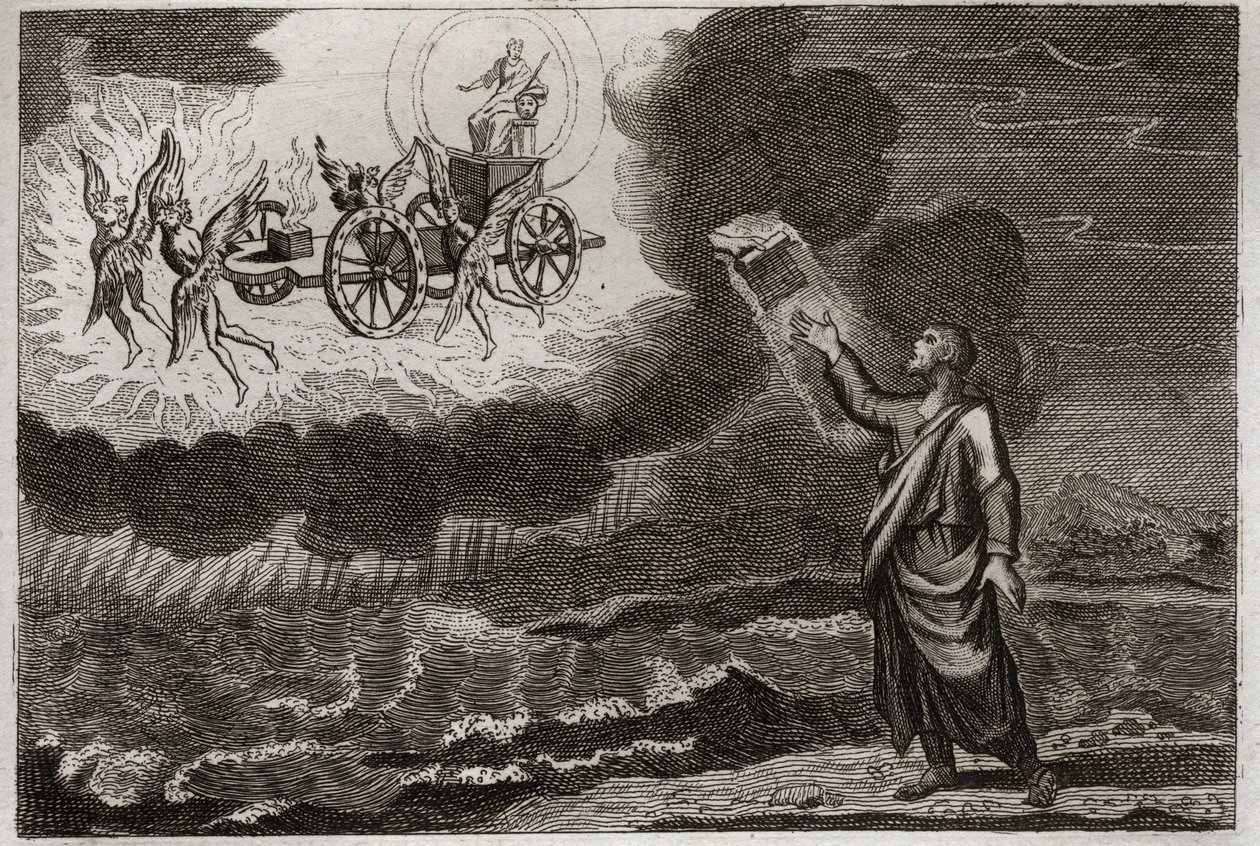 Bíblia de Royaumont, Velho Testamento: O profeta Ezequiel. Santo Profeta teve uma visão onde o Senhor lhe apareceu em um carrinho, carregado por quatro querubins (tetramorfo). Ilustração de 1811. de Unknown artist