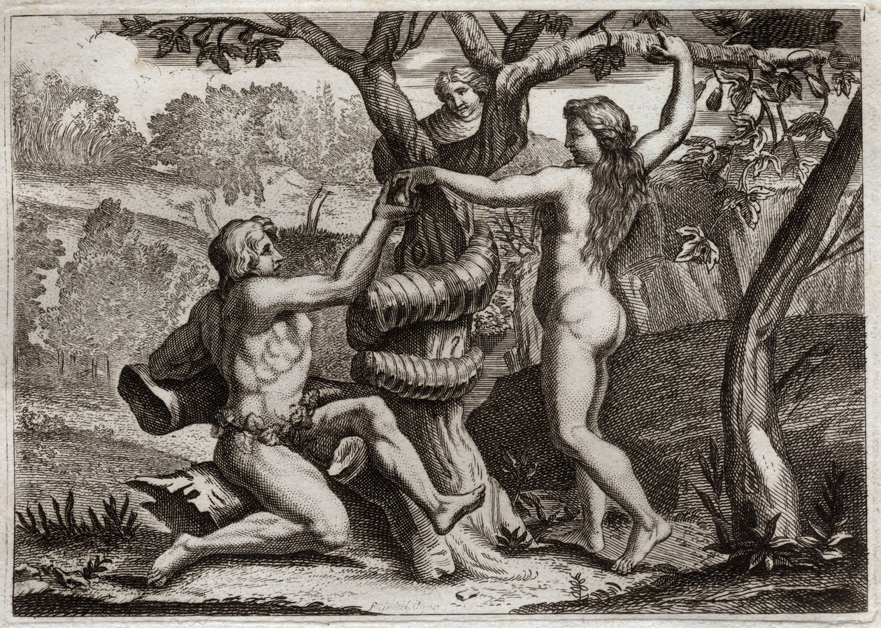 Bíblia de Royaumont, Velho Testamento: A queda de Adão. O demônio sob a face de uma cobra fala com Eva, e a tenda para comer frutas proibidas: Eva cai e também provoca a queda de Adão. Ilustração de 1811. de Unknown artist