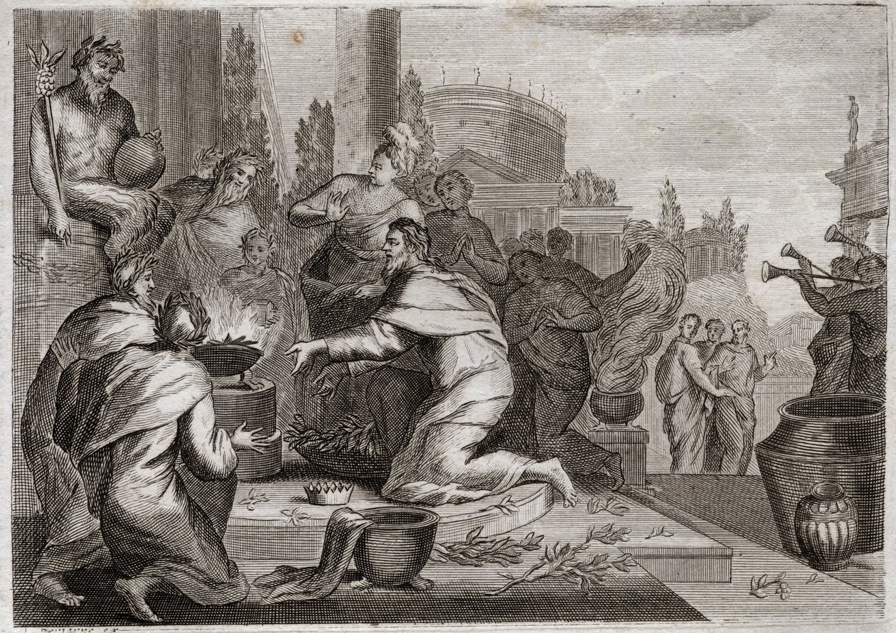Bíblia de Royaumont, Velho Testamento: Queda de Salomão. Salomão é corrompido por mulheres e oferece incenso aos ídolos dos falsos deuses. A sua morte. Ilustração de 1811. de Unknown artist