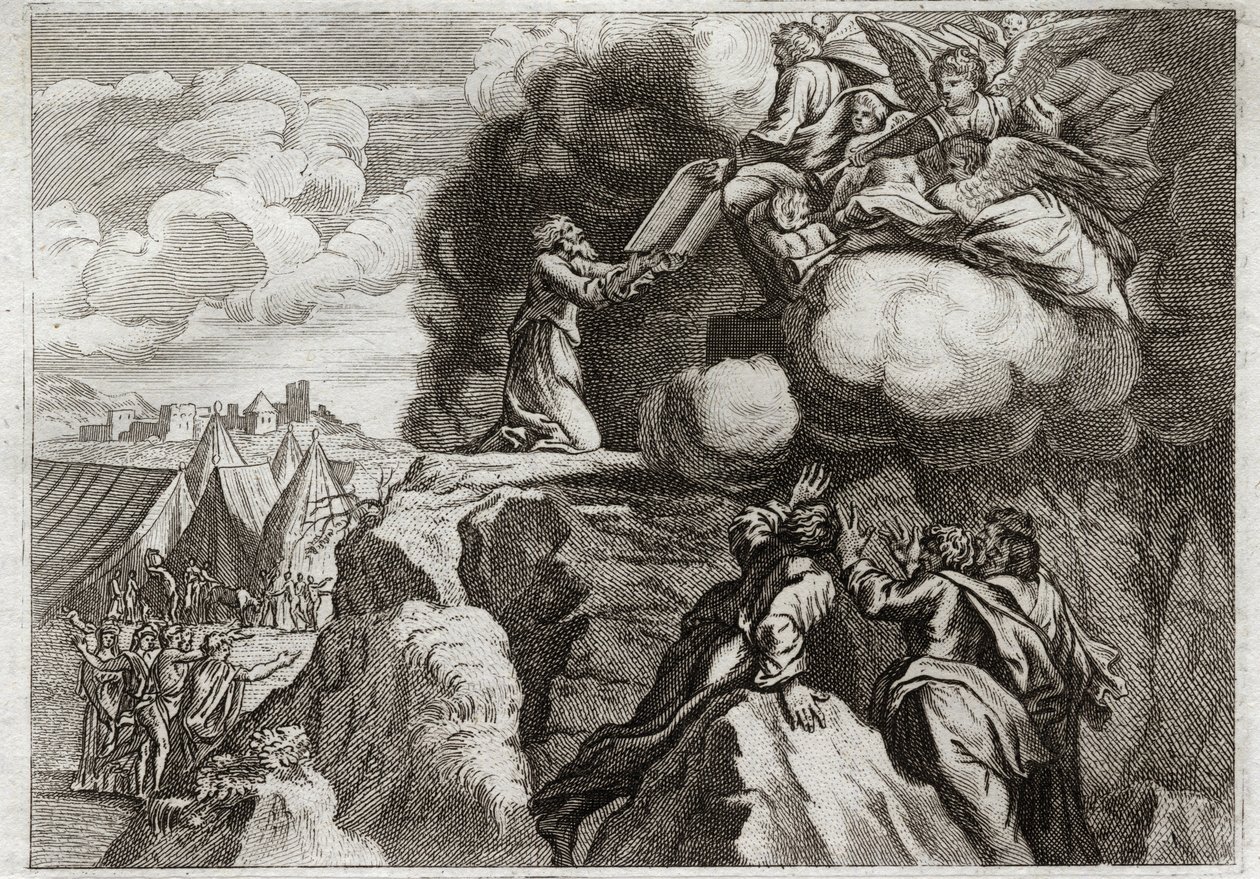 Bíblia de Royaumont, Velho Testamento: As Primeiras Tabelas da Lei. Deus dá a Lei ao seu povo no Monte Sinai. Moisés recebe os 10 Mandamentos das mãos de Deus. Ilustração de 1811. de Unknown artist