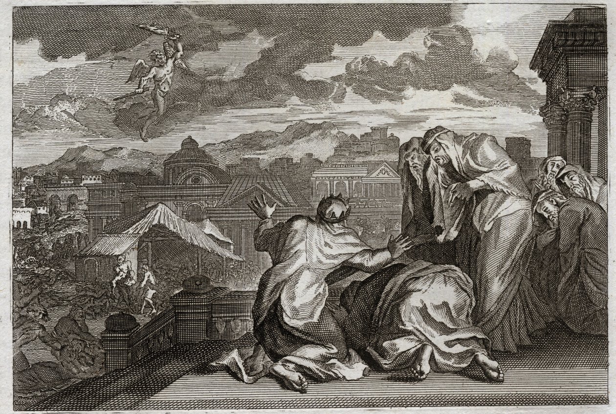 Bíblia de Royaumont, Velho Testamento: "Fleau of the Plague". E tendo Davi feito a sombra de todo o seu povo por um movimento vaidoso, Deus aflige o seu reino com uma peste que leva setenta mil homens em três dias. Ilustração de 1811. de Unknown artist