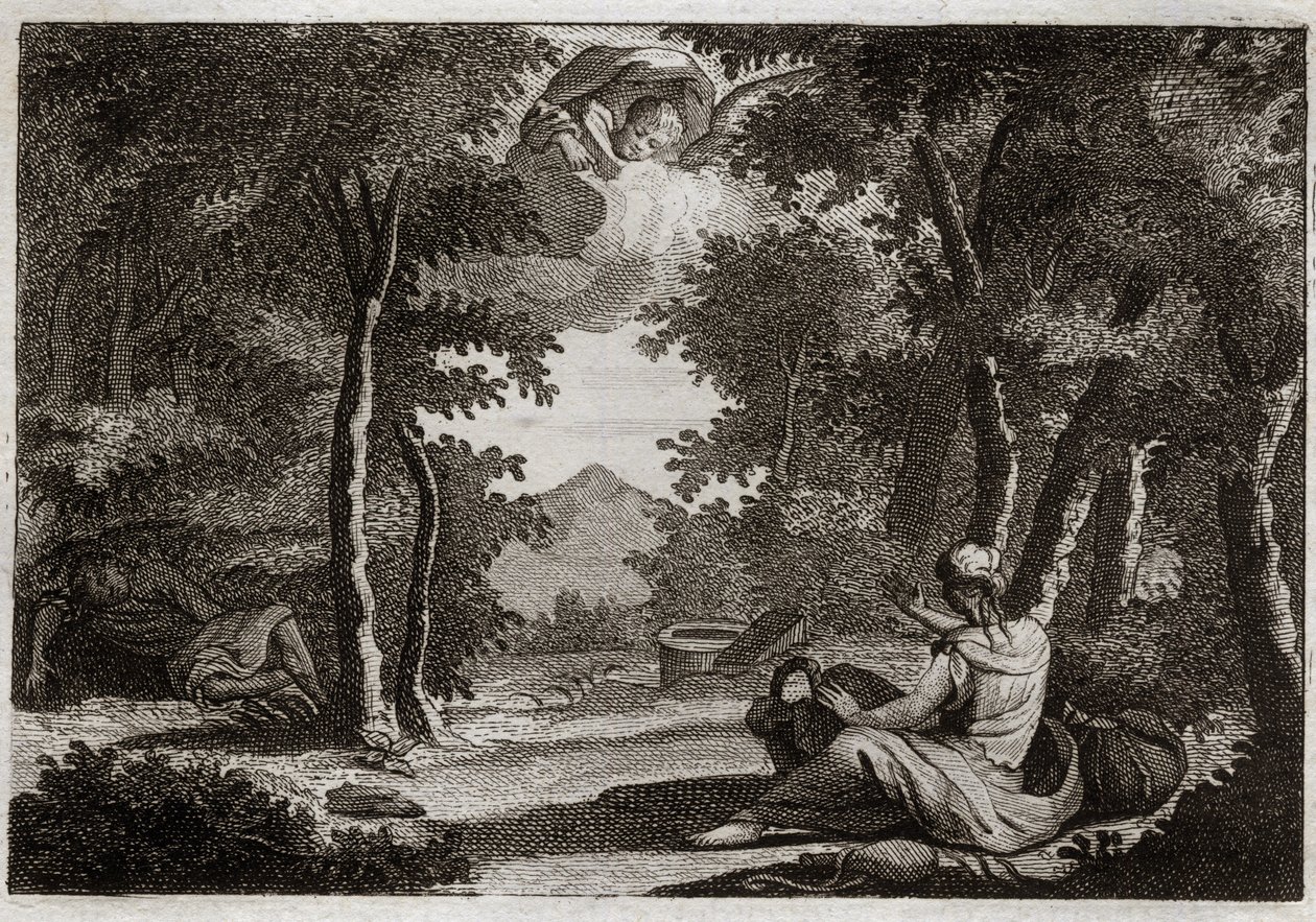 Bíblia de Royaumont, Velho Testamento: Vôo de Agar. Agar (Agar) sobe contos Sara (Sarah), sua amante. Sara conversa com a sua insolência com severidade. Agar não a pode sofrer e fugiu de casa no deserto, ou um Anjo fala com ela para trazê-la de volta com S de Unknown artist