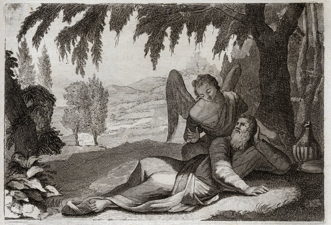 Bíblia de Royaumont, Velho Testamento: O voo de Elias. Elias fugindo da ira de Jezabel, que queria vingar-se dele pela morte de seus falsos Profetas, é apoiado no deserto por um Anjo que lhe traz comida. Ilustração de 1811. de Unknown artist
