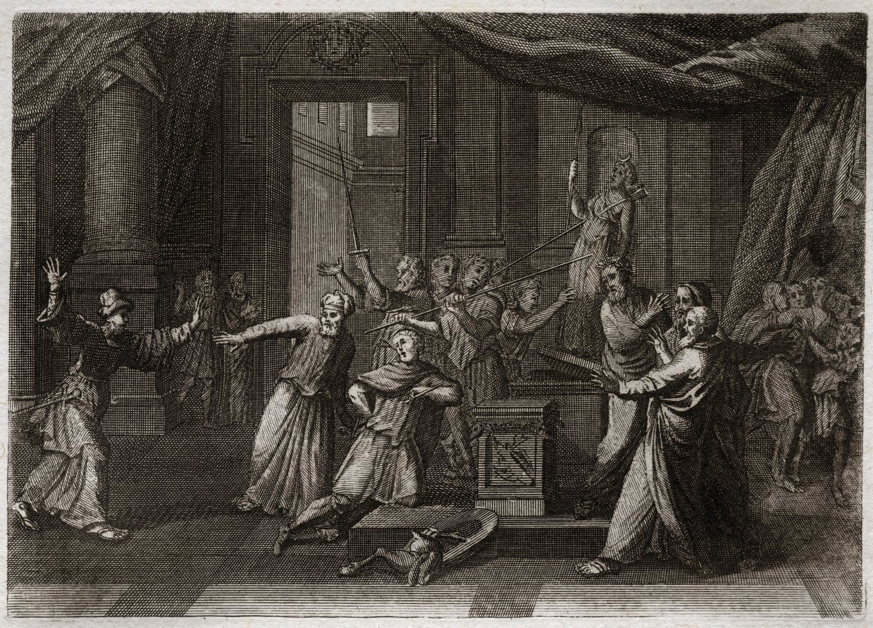 Bíblia de Royaumont, Velho Testamento: Generosita de Matathias. Mathathias (Mattathias), pai dos Maquabé (Macabeus, Macabeus), mata um judeu que se sacrificou aos ídolos por um zele santo da lei de Deus. Ilustração de 1811. de Unknown artist