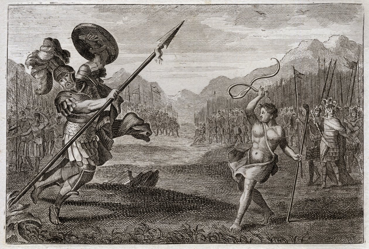 Bíblia de Royaumont, Velho Testamento: Golias Gigante. Golias, filisteu, de prodigiosa grandeza, é derrotado por Davi, arma apenas com uma funda e um pau. Ilustração de 1811. de Unknown artist