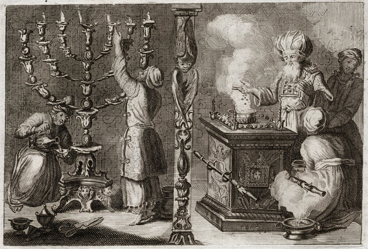 Bíblia de Royaumont, Velho Testamento: O candelabro dourado tem sete ramos (menorah ou menora) no Tabernáculo. Ilustração de 1811. de Unknown artist