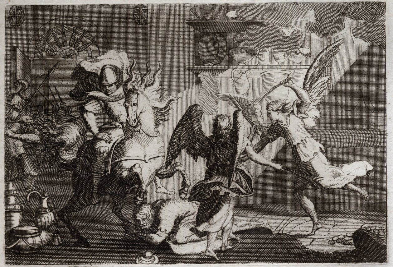 Bíblia de Royaumont, Velho Testamento: Heliodoro caçando o templo. Heliodoro (Heliodoros) enviado por seu governante para saquear o Templo de Jerusalém, foi espancado com jardas por anjos. Ilustração de 1811. de Unknown artist