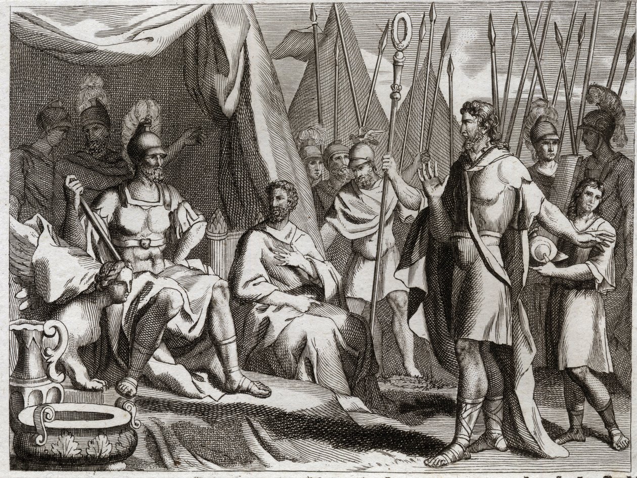 Bíblia de Royaumont, Velho Testamento: Holoferne. General do Exército de Nabucodonosor II, Holoferne se aproxima da Judéia. Ahior, Rei dos Amonitas, que veio para lhe devolver, levanta diante de Holoferne o poder do Deus dos Judeus. Ilustração de 181 de Unknown artist