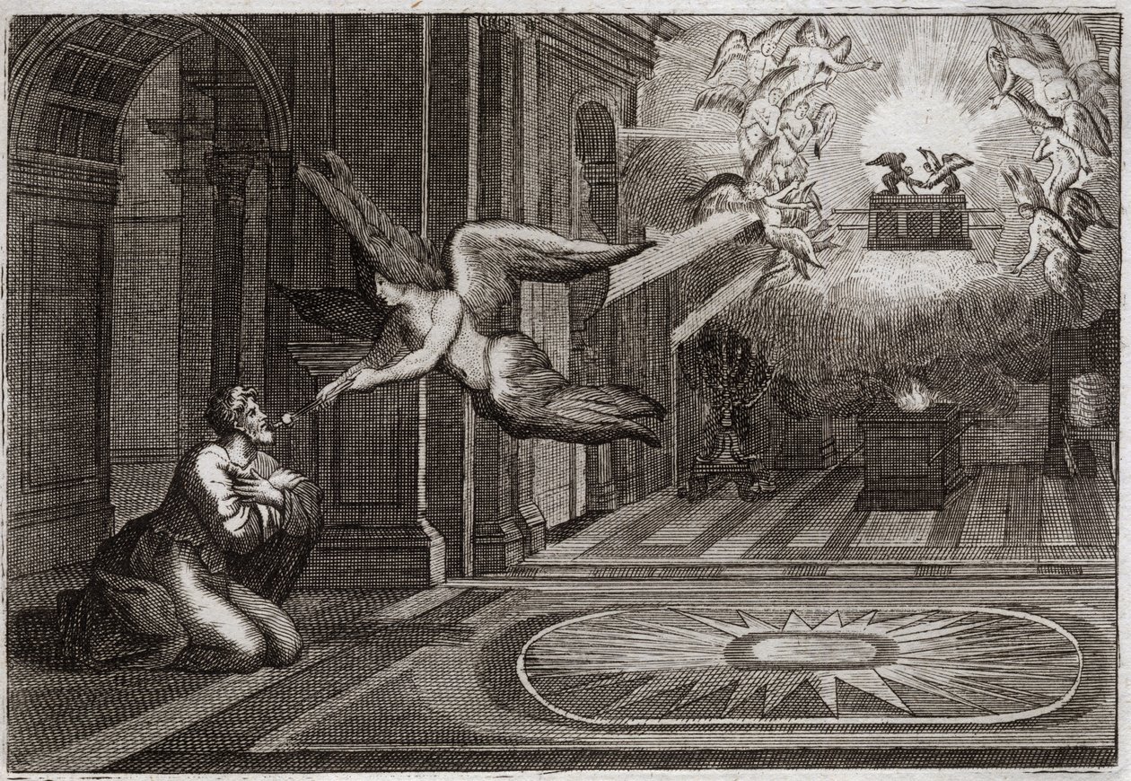 Bíblia de Royaumont, Velho Testamento: O profeta Isaías. Um serafim tomou com a sua pinça uma brasa de fogo que estava sobre o altar, e tocou os lábios deste santo profeta, para purificá-lo de todas as suas manchas. Ilustração de 1811. de Unknown artist