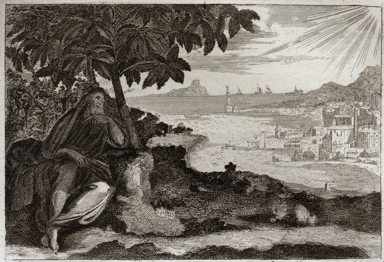 Bíblia de Royaumont, Velho Testamento: A sobremesa de Hera. Deus mostra por um exemplo sensível, ao seu profeta Jonas, o quanto ele ama os homens, e o quanto sofre quando é obrigado a puni-los. Ilustração de 1811. de Unknown artist
